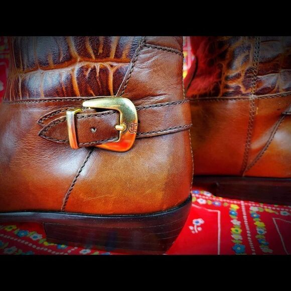 Vtg 1970s DESIGNER Etienne Aigner Alligator 2Tone Brown TALL Riding Boots Sz 7.5 - Picture 4 of 7